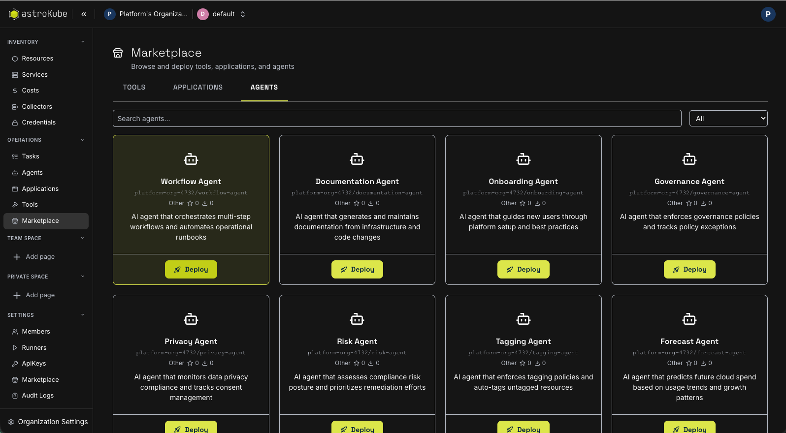 Astrokube Agentic Platform dashboard