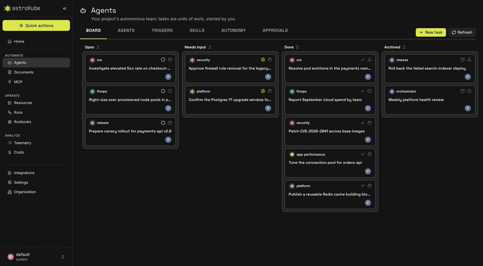 Agent task board in AstroKube Platform showing open, blocked and completed work