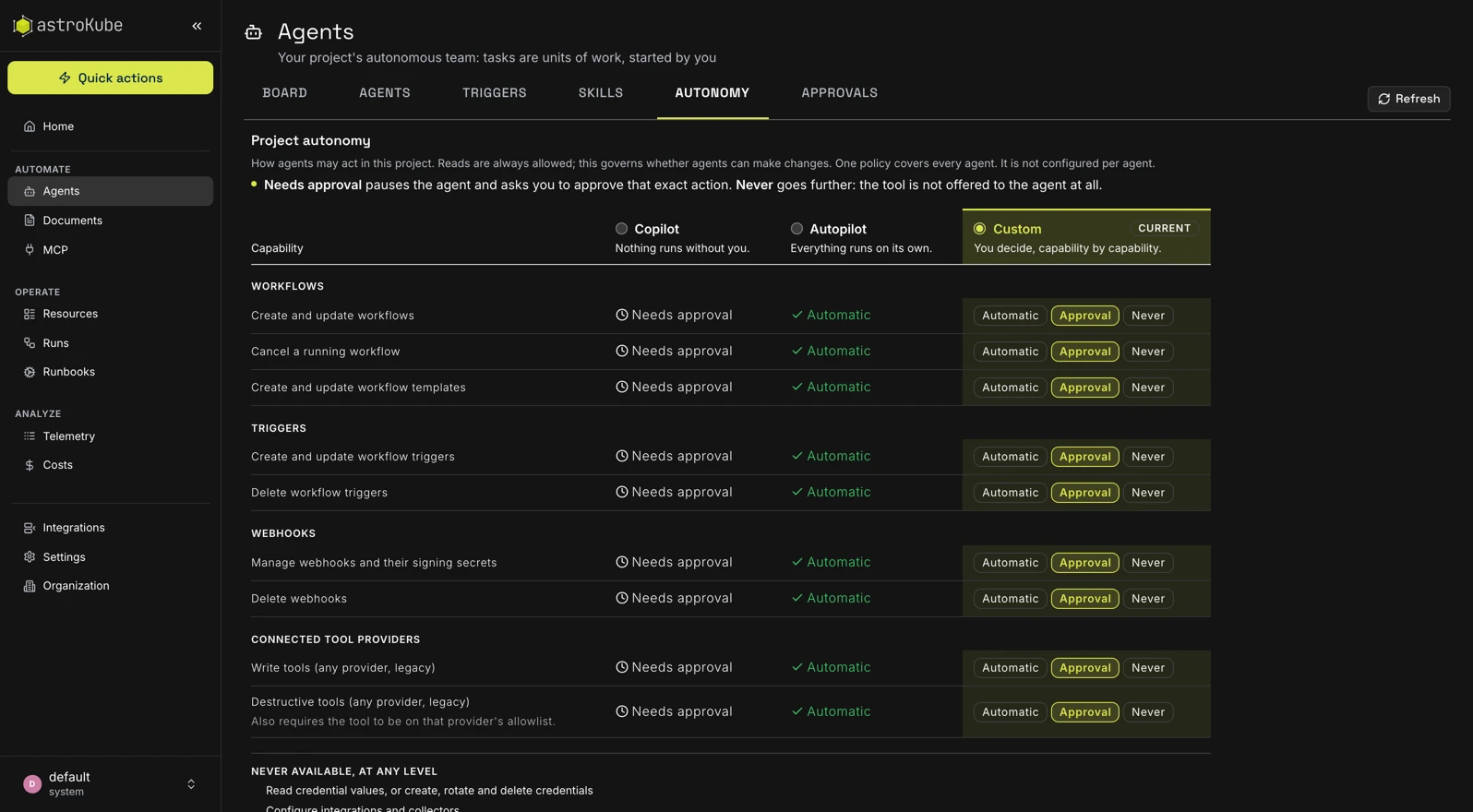 Agent autonomy policy in the AstroKube Platform, set capability by capability