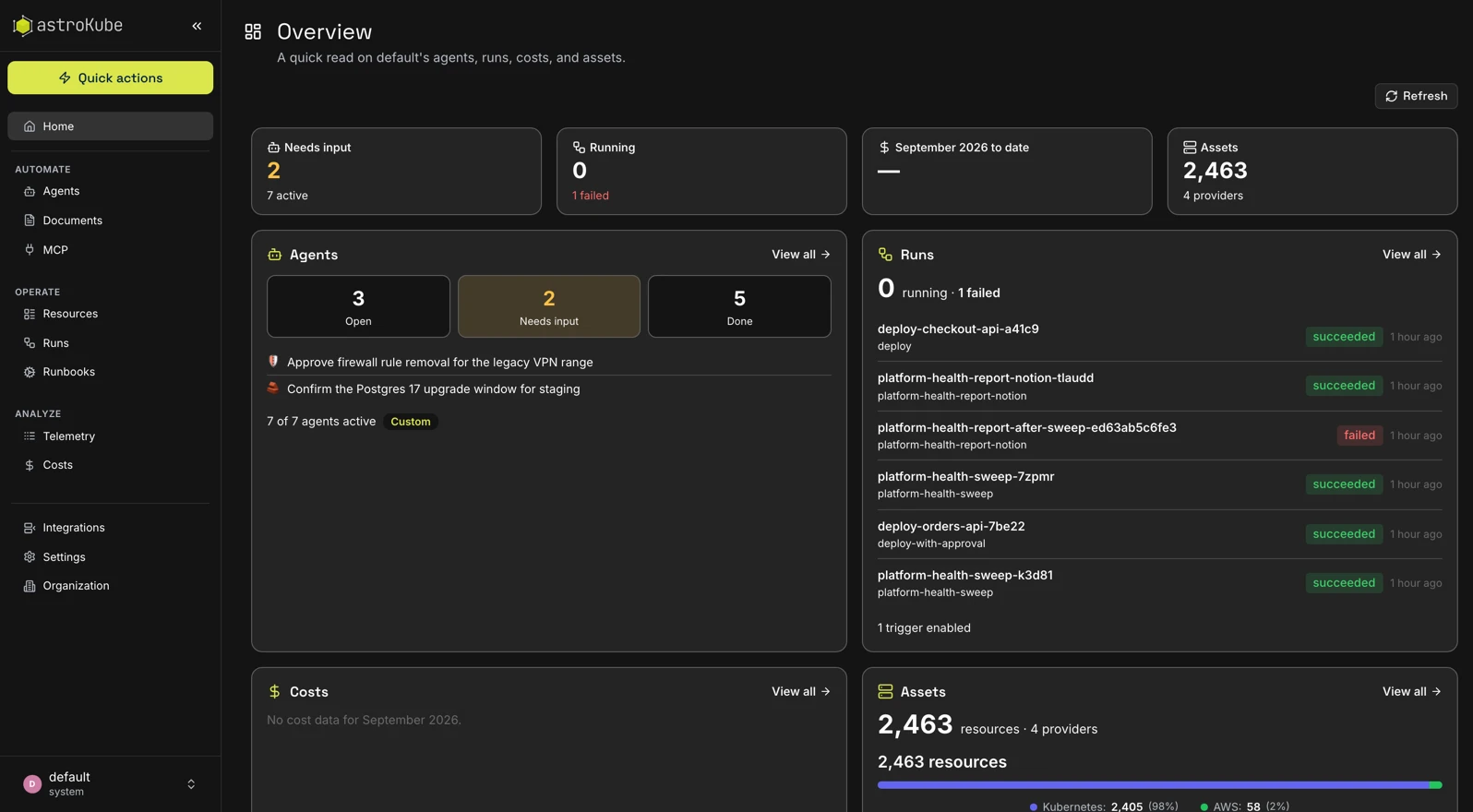 AstroKube Platform overview with agent, run, cost and asset summaries