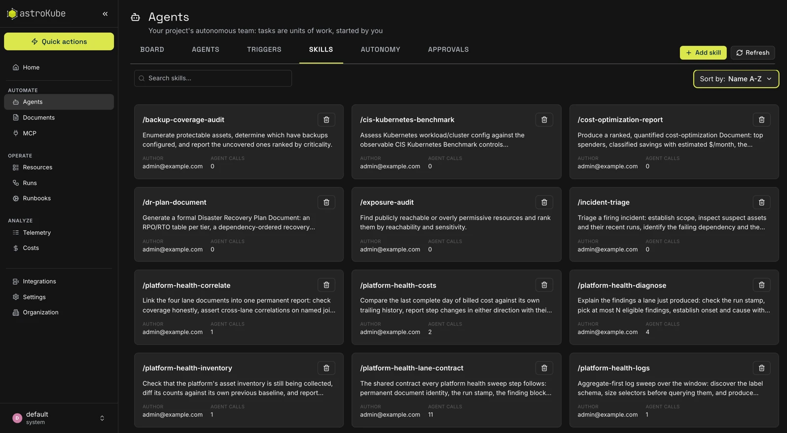 Skills available to the agents in AstroKube Platform
